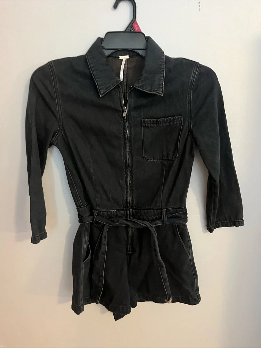 Free People Black‎ Denim Romper with Front Zip